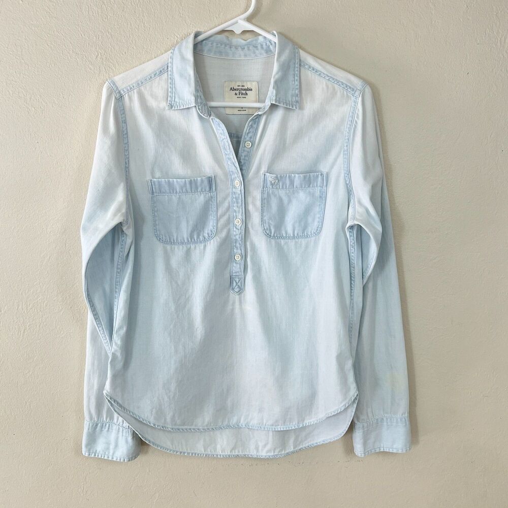 Abercrombie & Fitch 100% Cotton Light Blue Denim Quarter Button-up Shirt Sz S - Picture 1 of 16
